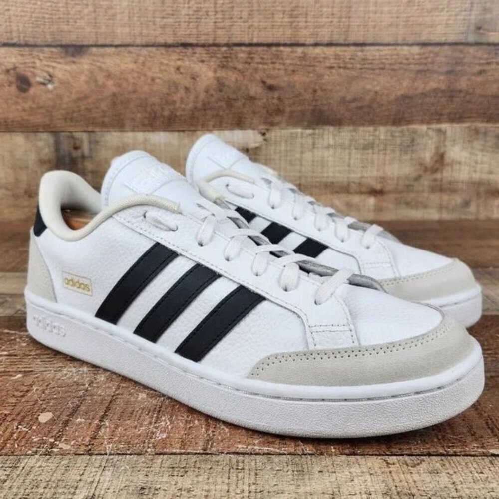 Adidas Grand Court SE Men Sz 10 White Leather Suede Black Stripes FW3277 Sneaker